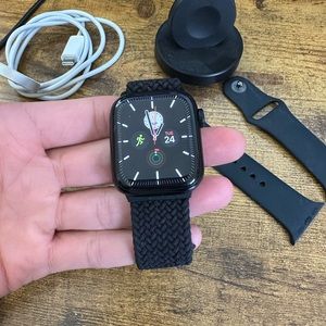 Apple Watch Series 7, 41mm, black band and face.